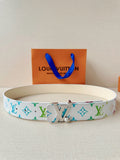 Colorful Monogram Pattern Leather Belt with Silver Buckle