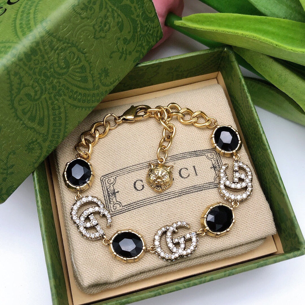 18K Double Gucci Black Stones Chain Bracelet
