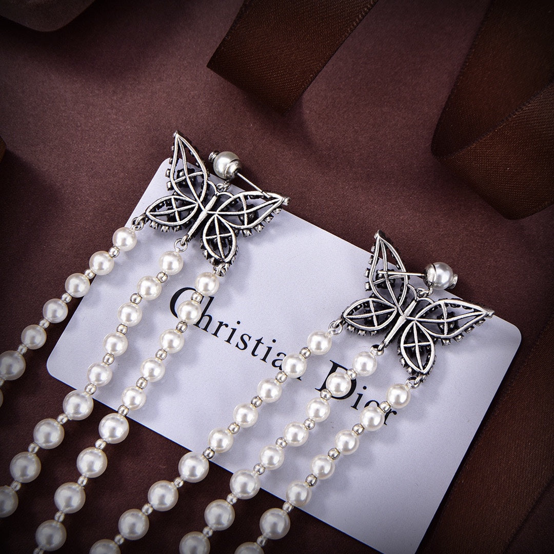 18K Dior Pearls Tassel Long Earrings