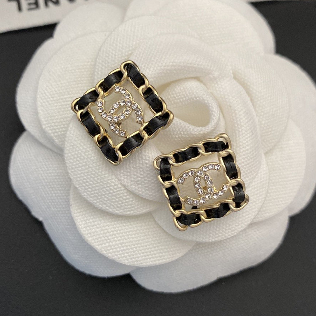 18K  Chanel Square Leather Earrings